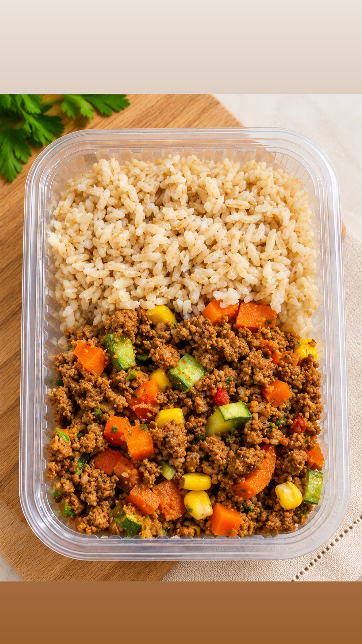 Produto Patinho moido com legumes, acompanhamento arroz integral